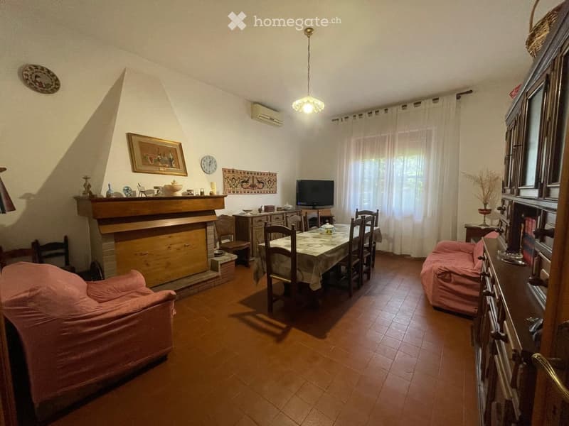 A cozy living and dining area with wooden flooring, a fireplace, a television, a dining table with chairs, and two sofas.
