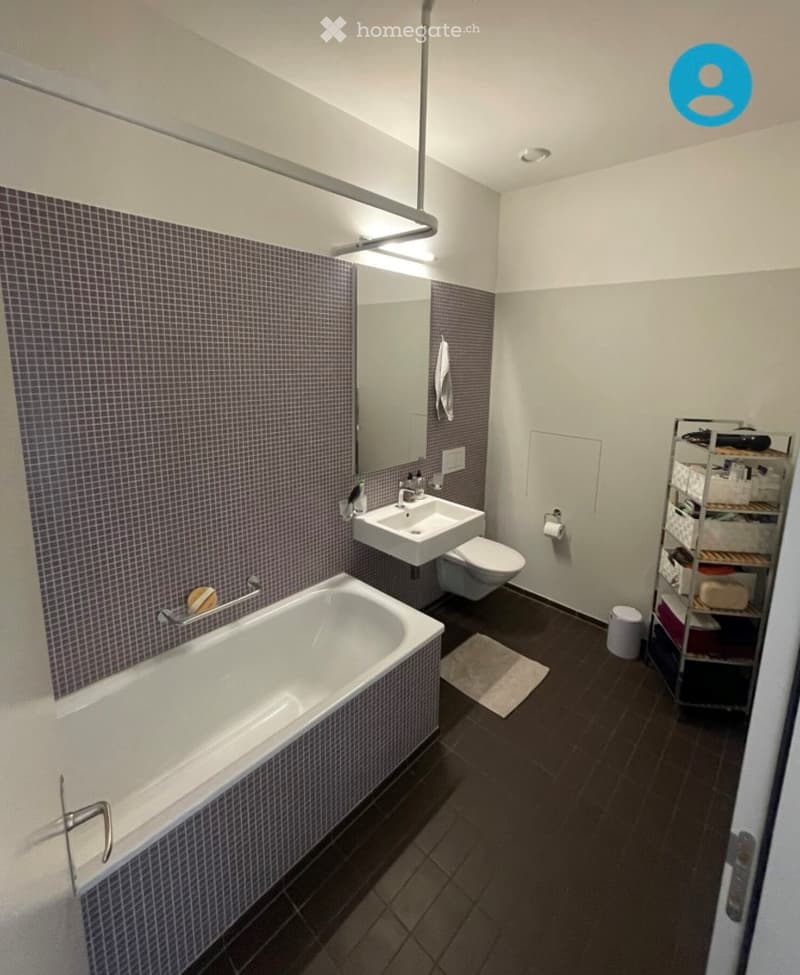 Modern bathroom with a bathtub, sink, toilet, and a mirror. Features dark tiled walls and floor, a towel rack, and a small shelf with various items.