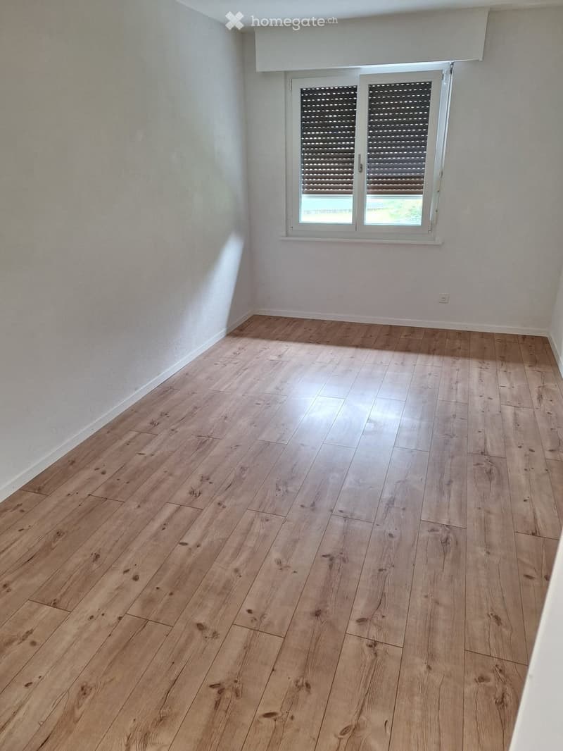 Empty room with light wooden flooring and white walls, featuring a large window with blinds and a visible electrical outlet.