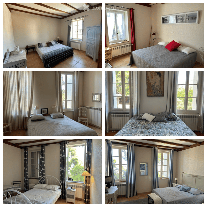 A series of well-furnished bedrooms with beds, nightstands, lamps, chairs, and curtains. Each room features a unique decor, including wooden beams, large windows, and various bedding styles.