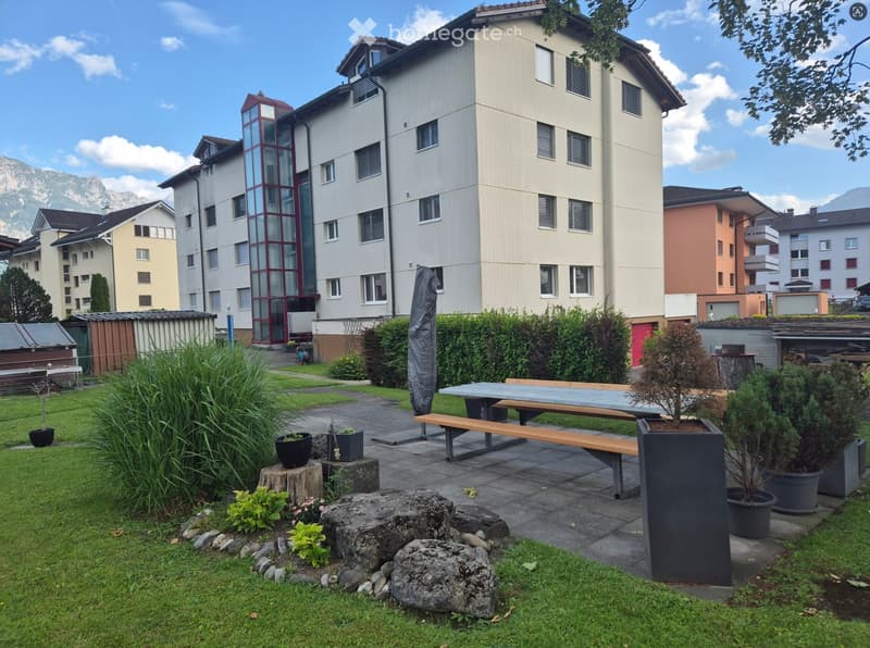 Well-maintained garden area with a wooden table and bench, surrounded by greenery, potted plants, and decorative rocks.