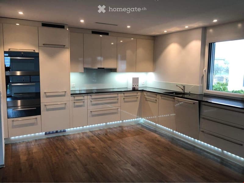 modern kitchen, stainless steel appliances, LED lighting, wooden floors, white cabinets, marble countertop