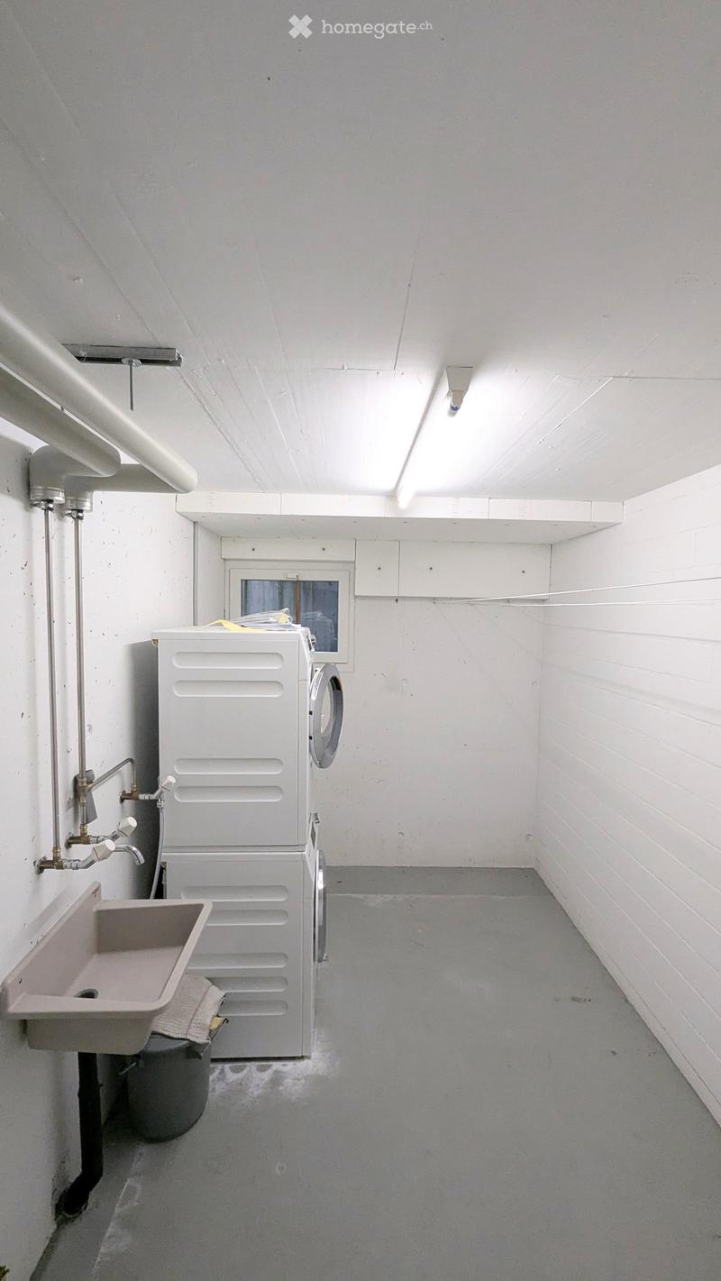 Minimalist bathroom with a sink, washing machine, and faucet, featuring white walls and a concrete floor.