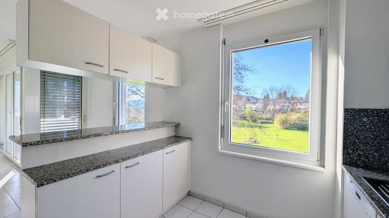 Modern kitchen with white cabinets, granite countertops, and a large window overlooking a green field.