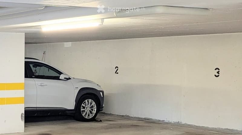 Underground parking area with a white SUV parked inside, marked spaces numbered 2 and 3, concrete walls and ceiling with fluorescent lighting.