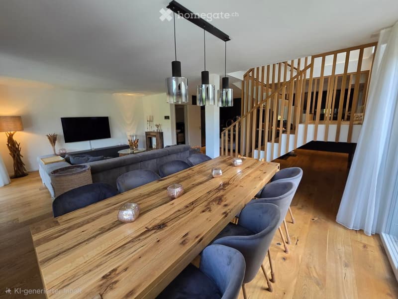 Modern living and dining area with a long wooden dining table, grey upholstered chairs, a grey sofa, a television, a floor lamp, and a wooden staircase leading to an upper level.