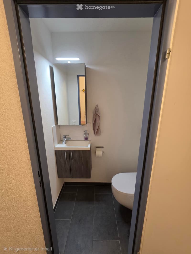 Modern bathroom with dark tiled floor, white toilet bowl, sink with faucet, mirrored cabinet, and towel hanging on wall.