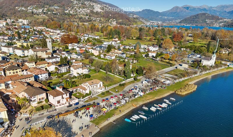 Aerial view of a lakeside town with houses, boats, and a waterfront promenade.