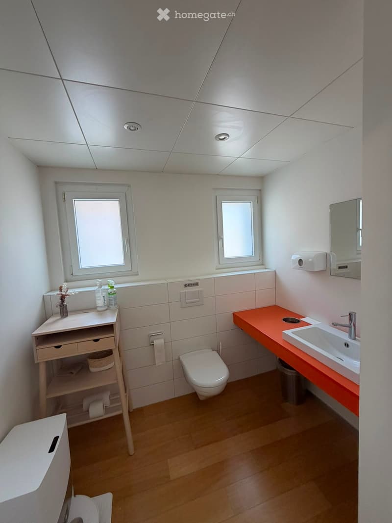 Modern bathroom with white walls, wooden floor, sink, toilet, mirror, and small cabinet.