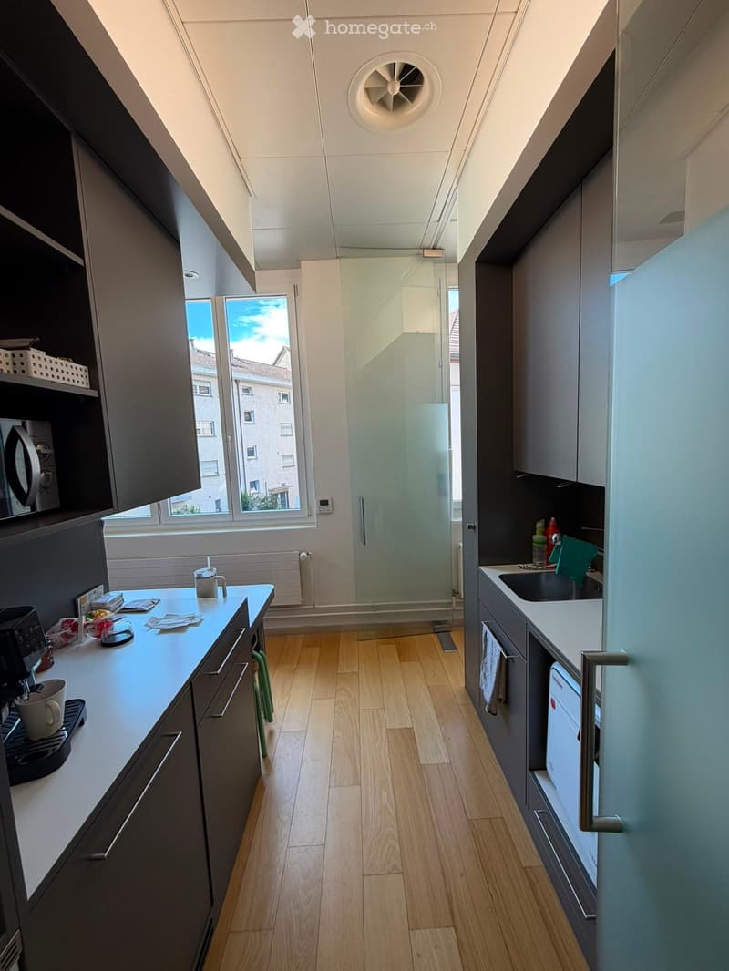 Modern kitchen with light wooden flooring, grey cabinets, and a white countertop. Features include a coffee maker, microwave, sink, and a small refrigerator. A glass shower enclosure is visible in the background.