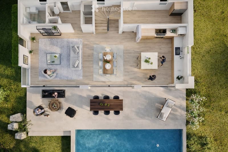 Top-down view of a modern house floor plan featuring a living area, dining area, kitchen, and outdoor patio with a swimming pool.