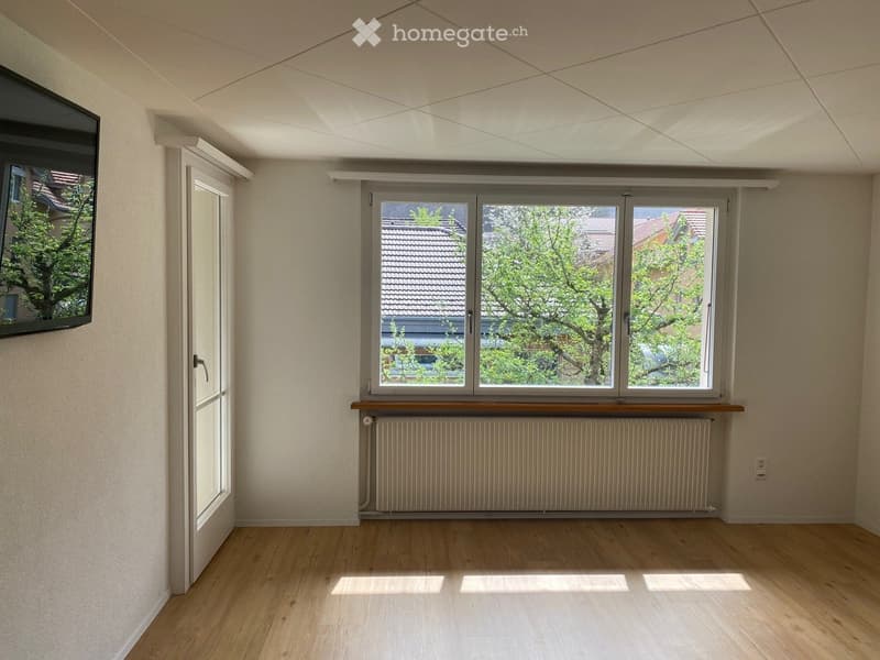 Empty room with wooden flooring, large windows, radiator, and a TV mounted on the wall. No furniture or personal items present.