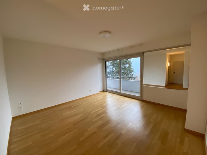 Empty room with light wooden flooring, white walls, and large sliding glass doors leading to a balcony.