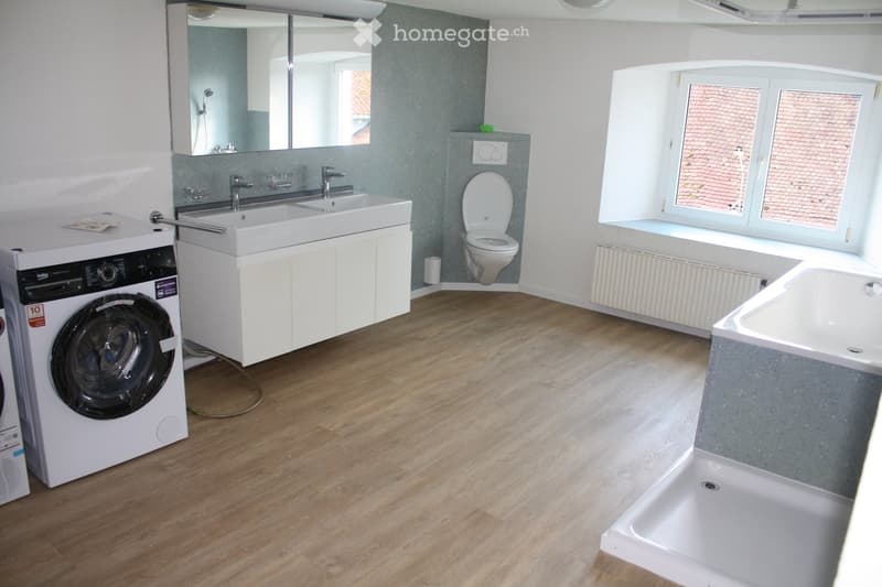 Modern bathroom with white walls, tiled flooring, large mirror, white vanity with double sinks, toilet, and shower area. The washing machine is on the left side.
