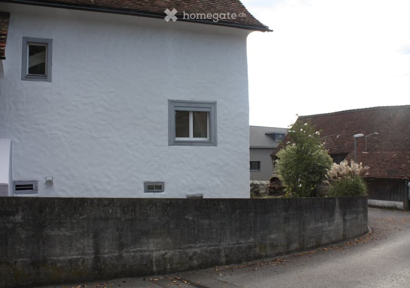 White plastered wall, brown roof, grey concrete fence, two windows, a window on the corner