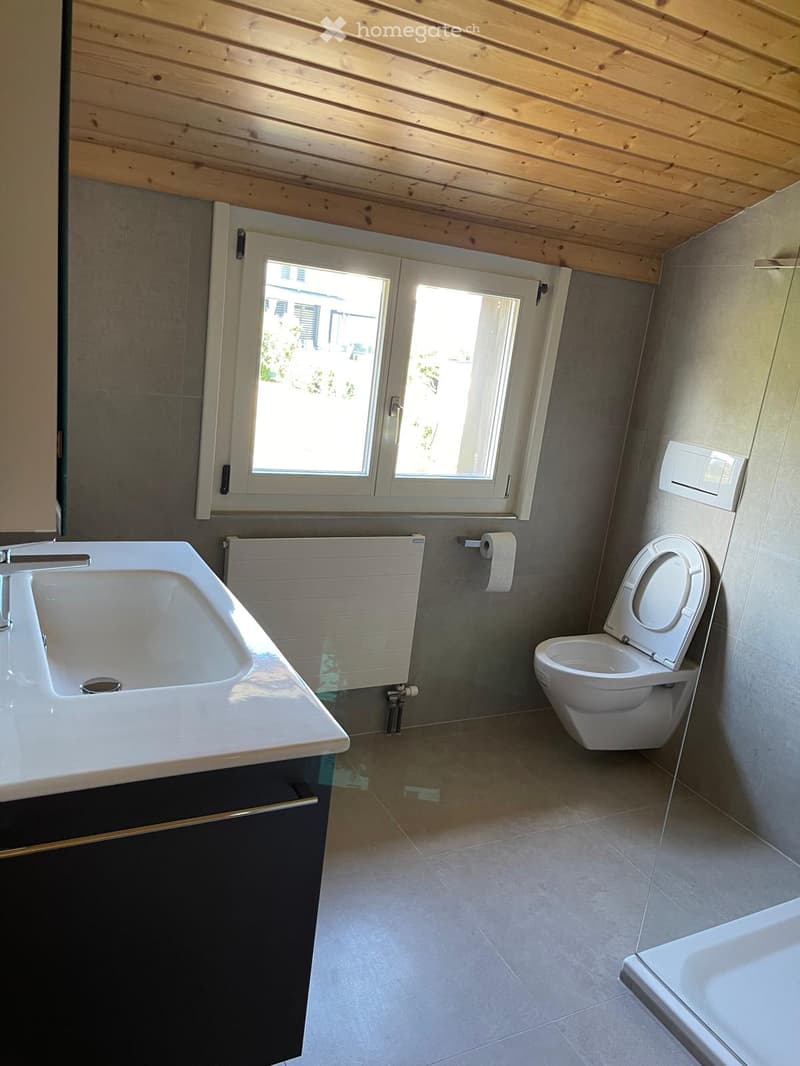 Modern bathroom with a sink, toilet, and bathtub, featuring wooden ceiling and large windows.