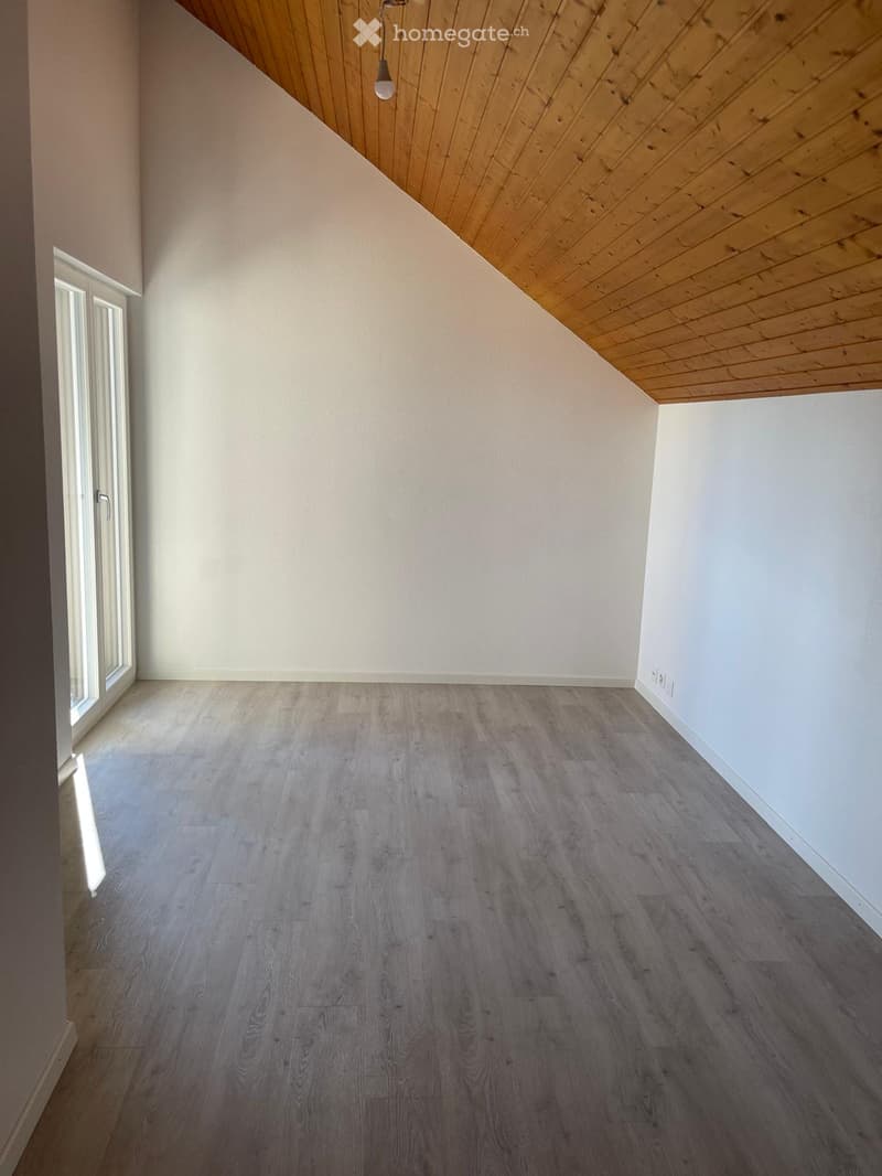 Empty room with light grey wooden flooring, white walls, and a slanted wooden ceiling. A single light fixture hangs from the ceiling, and a large window with white frames is visible on the left side.