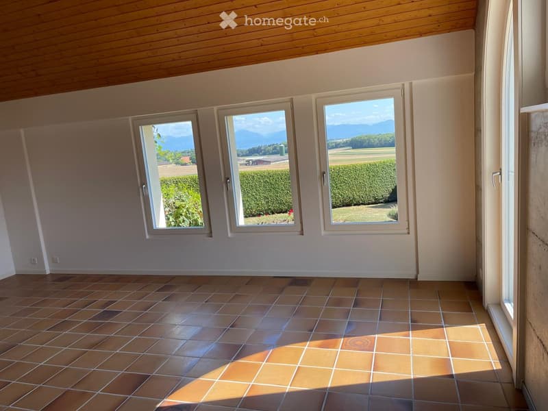 Empty room with tiled floor, white walls, wooden ceiling, and large windows offering a scenic view of a green landscape and mountains.