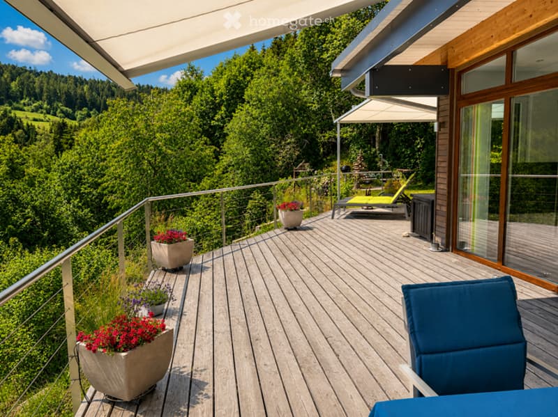 Wooden deck with modern railing, potted plants, lounge chairs, and a scenic mountain view.