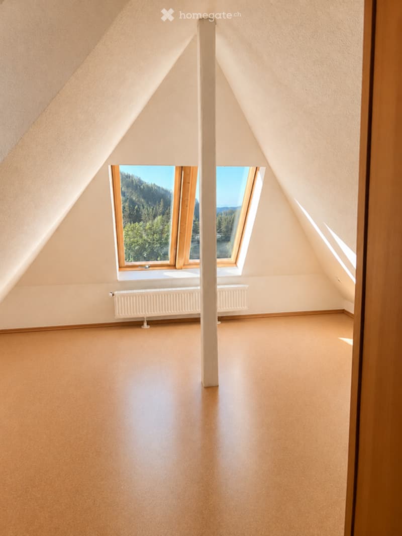 Empty attic room with wooden flooring, white walls, and large skylight windows offering a scenic view of the surrounding landscape.