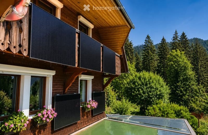 A wooden house with a balcony, large windows, and a swimming pool in the foreground. The house is surrounded by lush greenery and trees, with a scenic mountain view in the background.