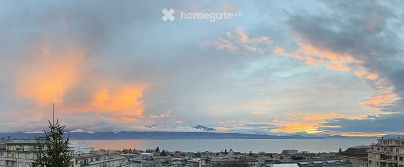 Panoramic cityscape view at sunset, featuring a body of water, distant mountains, and urban buildings.