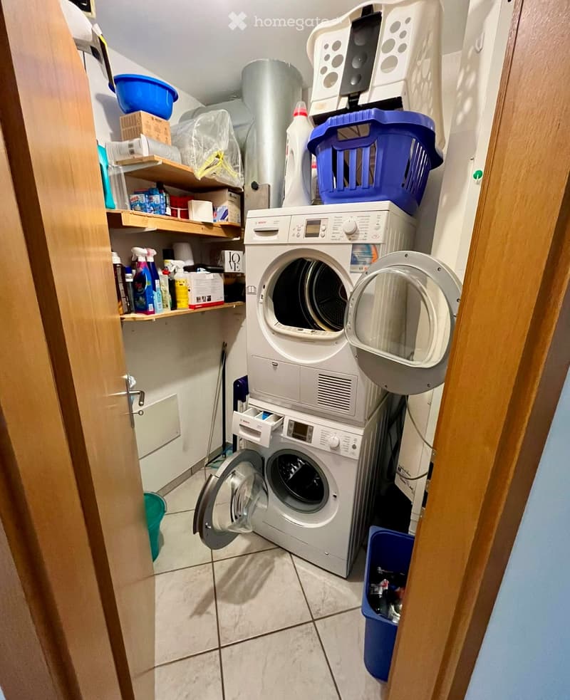 A compact laundry area with a washing machine, dishwasher, shelves filled with cleaning supplies, and a laundry basket.