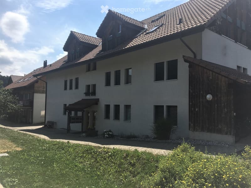 Two-story house with a tiled roof, white exterior walls, multiple windows, and a wooden garage. The house is surrounded by a well-maintained garden with flowers and a paved pathway leading to the entrance.