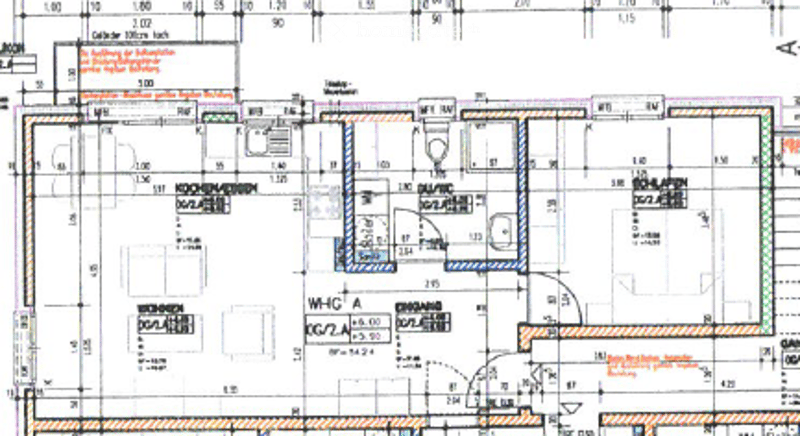 Floor plan of a residential building with multiple rooms including living room, kitchen, bedrooms, bathrooms, and utility areas.
