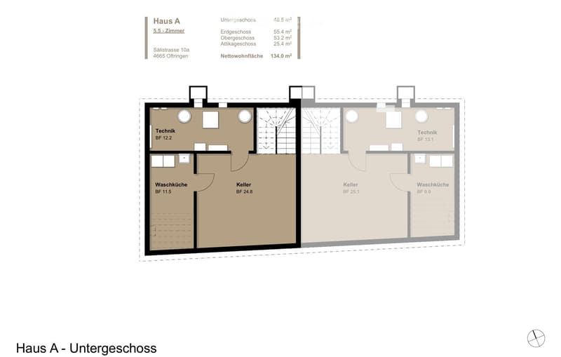 Floor plan of Haus A - Untergeschoss, showing layout with Keller, Technik, and Waschküche areas.