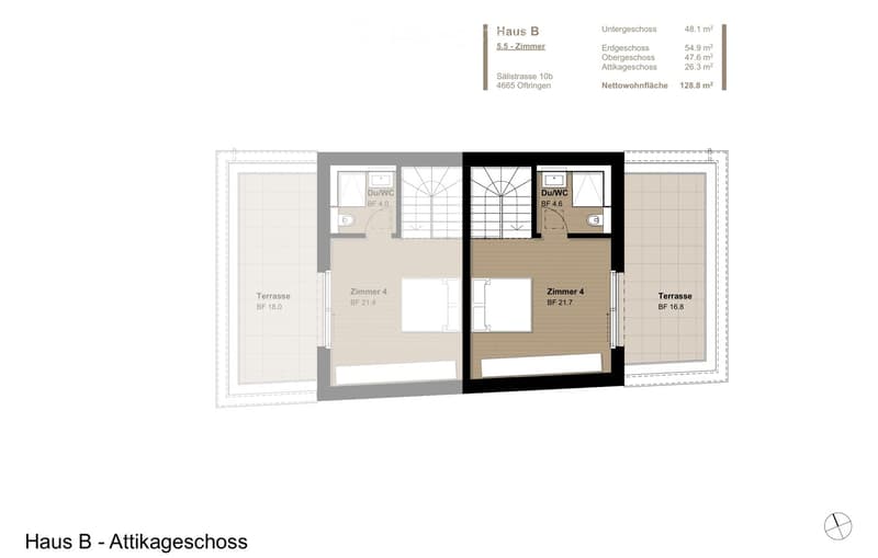 Floor plan of Haus B attic level showing two bedrooms, two bathrooms, and two terraces.