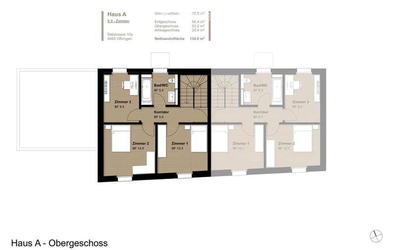 Floor plan of Haus A, showing 5.5 rooms, including bedrooms, bathrooms, and corridors on the upper floor.