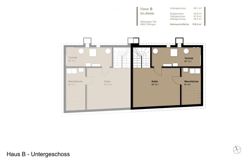 Floor plan of Haus B, Untergeschoss, showing layout with Technik, Waschküche, and Keller areas.