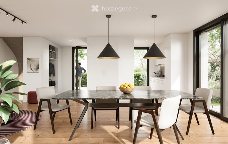 Modern dining area with a marble dining table, white chairs, pendant lights, and a plant in the corner.