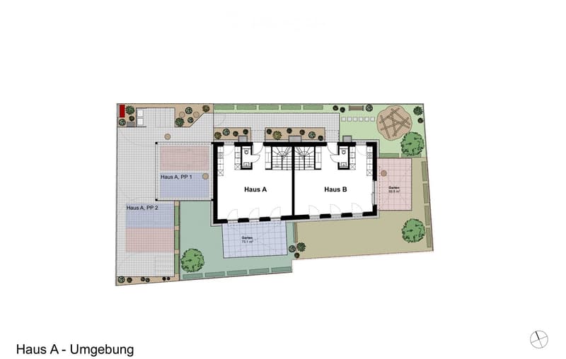 Floor plan of Haus A and Haus B, showing two houses with surrounding gardens and parking areas.