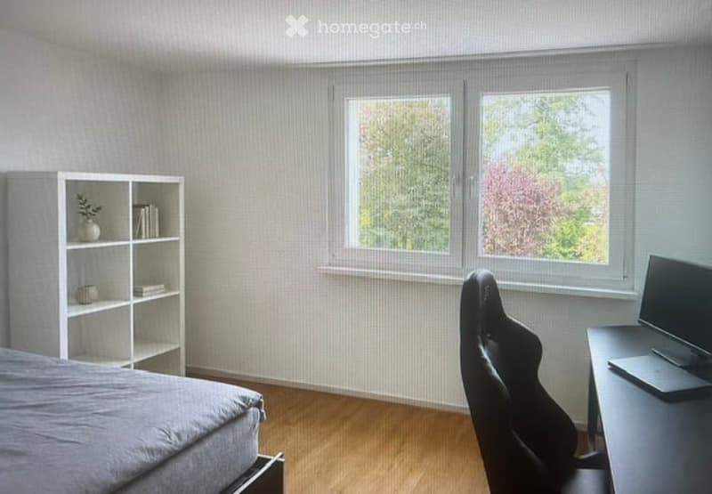 Modern bedroom with a large window, wooden floor, grey bed, bookshelf, desk with laptop, and a black gaming chair.