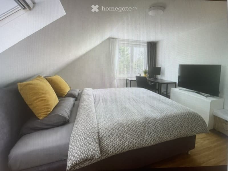 A cozy bedroom with a bed, pillows, a blanket, a desk with a chair and computer, and a TV screen. The room has wooden flooring and large windows letting in natural light.