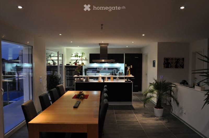modern kitchen with dining area, large windows, balcony, plants, tiled floor
