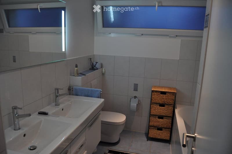 modern bathroom with double sink, toilet, bathtub, and storage shelves