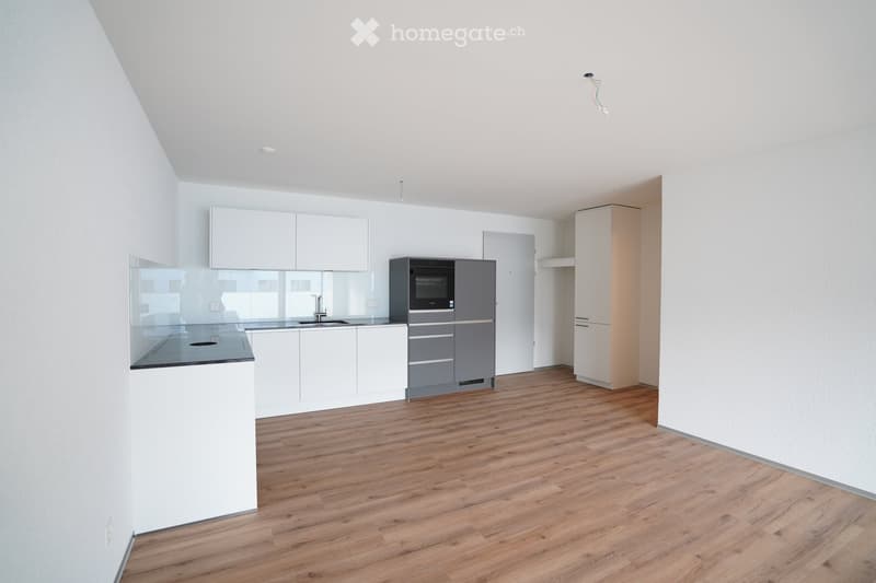 Modern kitchen with white cabinets, wooden flooring, and built-in appliances including an oven and refrigerator.