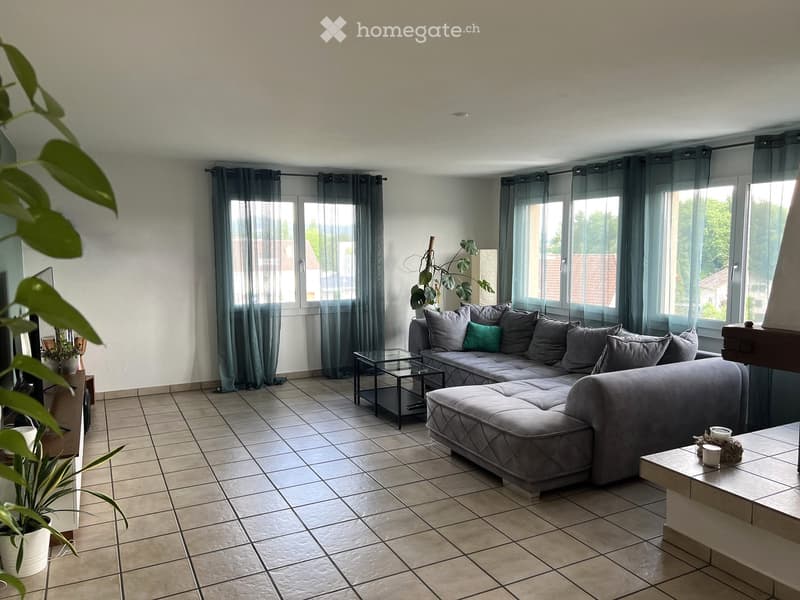 Modern living room with large windows, grey sectional sofa, coffee table, side table, and decorative plants.