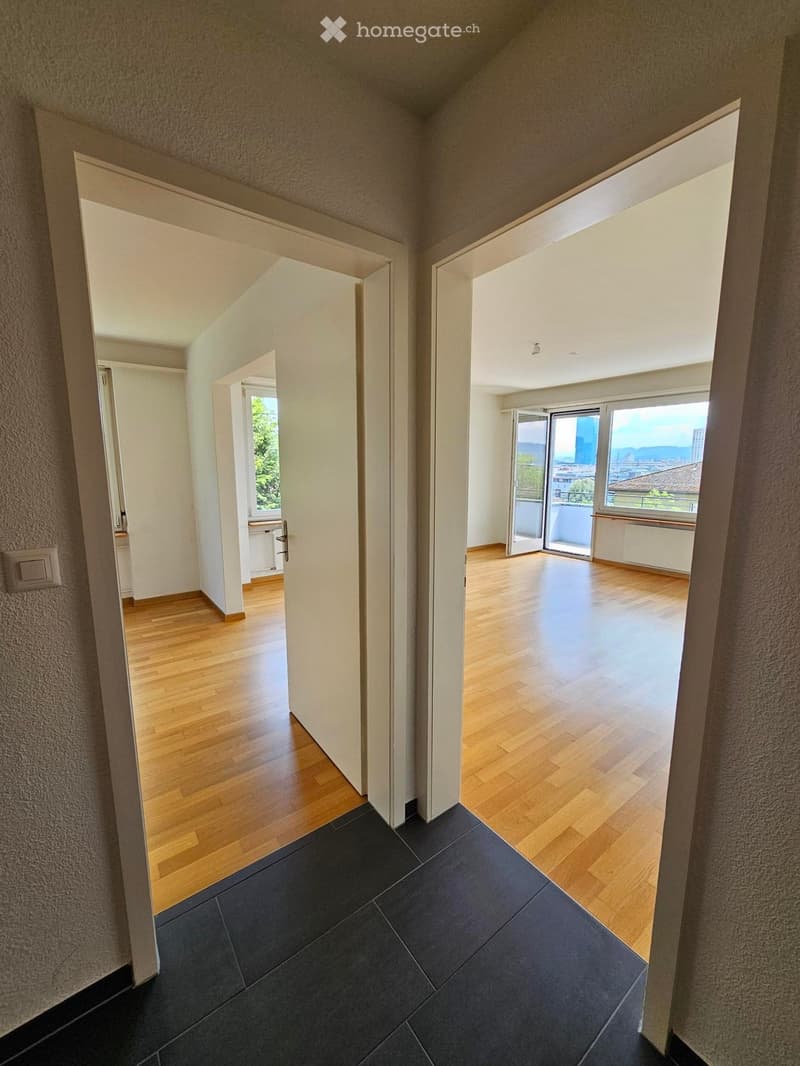 Empty hallway with wooden flooring, white walls, and multiple open doors leading to other rooms and a balcony with city view.