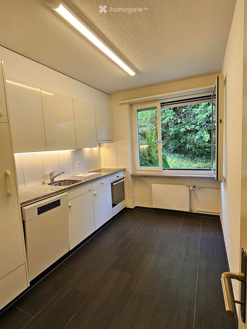 Modern kitchen with white cabinets, granite countertop, sink, oven, dishwasher, and a window overlooking greenery.