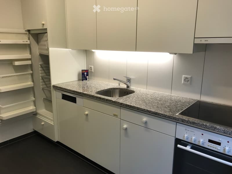 Modern kitchen with white cabinets, granite countertop, stainless steel sink, and built-in appliances including an oven and dishwasher.