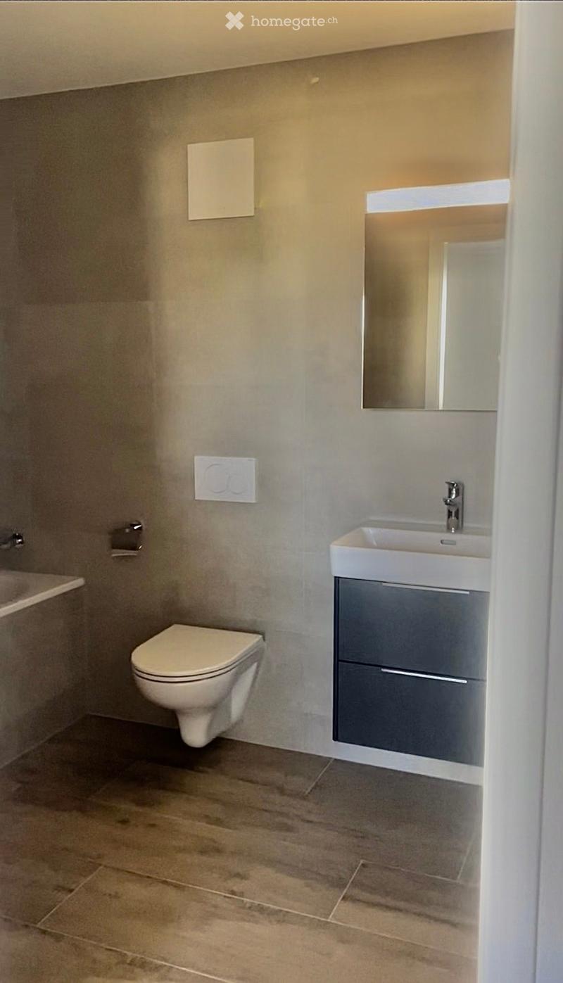 Modern bathroom with a toilet, sink, mirror, and cabinet. The walls are light grey, and the floor is tiled.