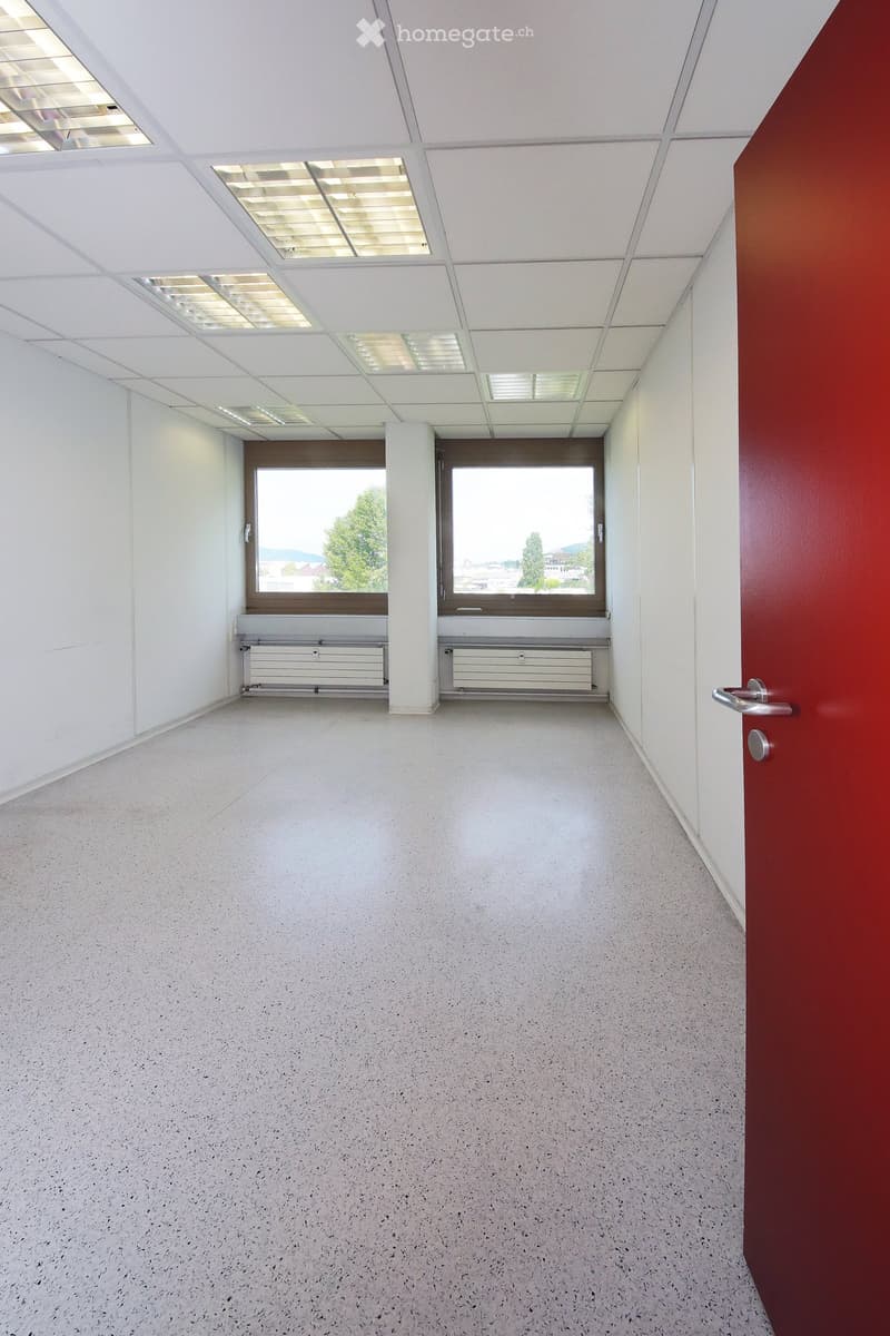 Empty hallway with white walls, grey speckled floor, and large windows at the end. Features a red door on the right and a white pillar in the center.