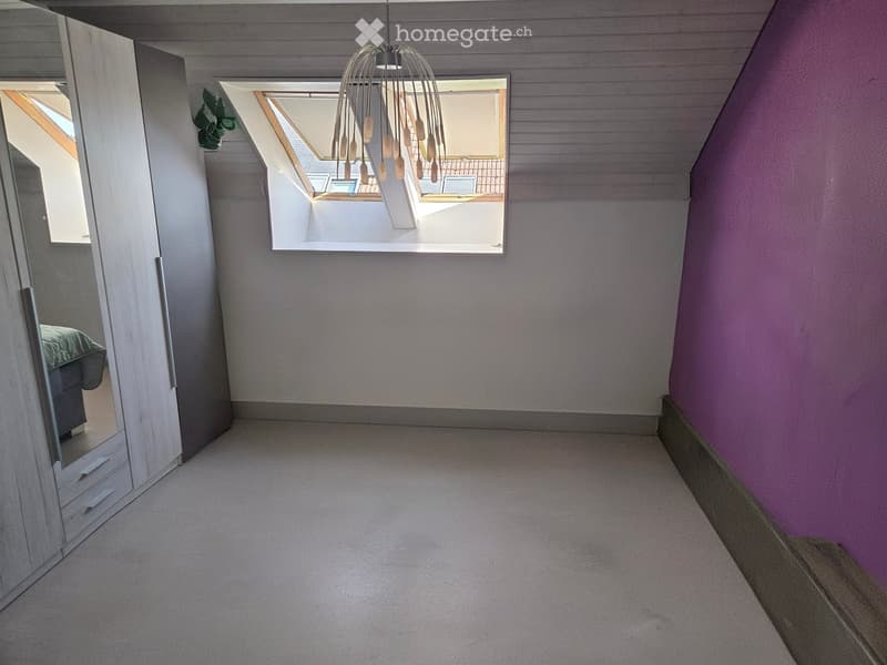 Empty hallway with carpeted floor, slanted ceiling, large skylight window, and a mirrored wardrobe on the left side.