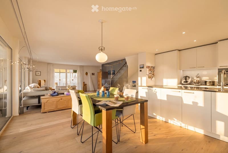 Open-plan living and dining area with a modern kitchen, featuring a sofa, coffee table, dining table with chairs, and various kitchen appliances.
