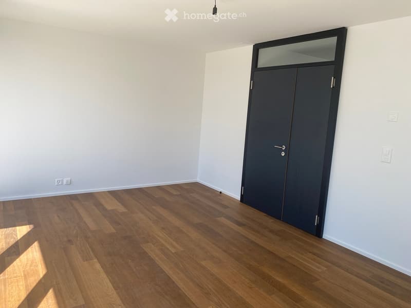 Empty room with light grey walls, wooden flooring, and a dark grey door with a frosted glass panel at the top.