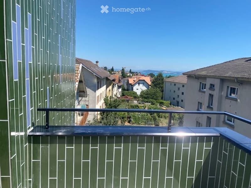 Balcony with a metal railing and green tiled surface, overlooking a residential area with houses, trees, and a distant body of water.
